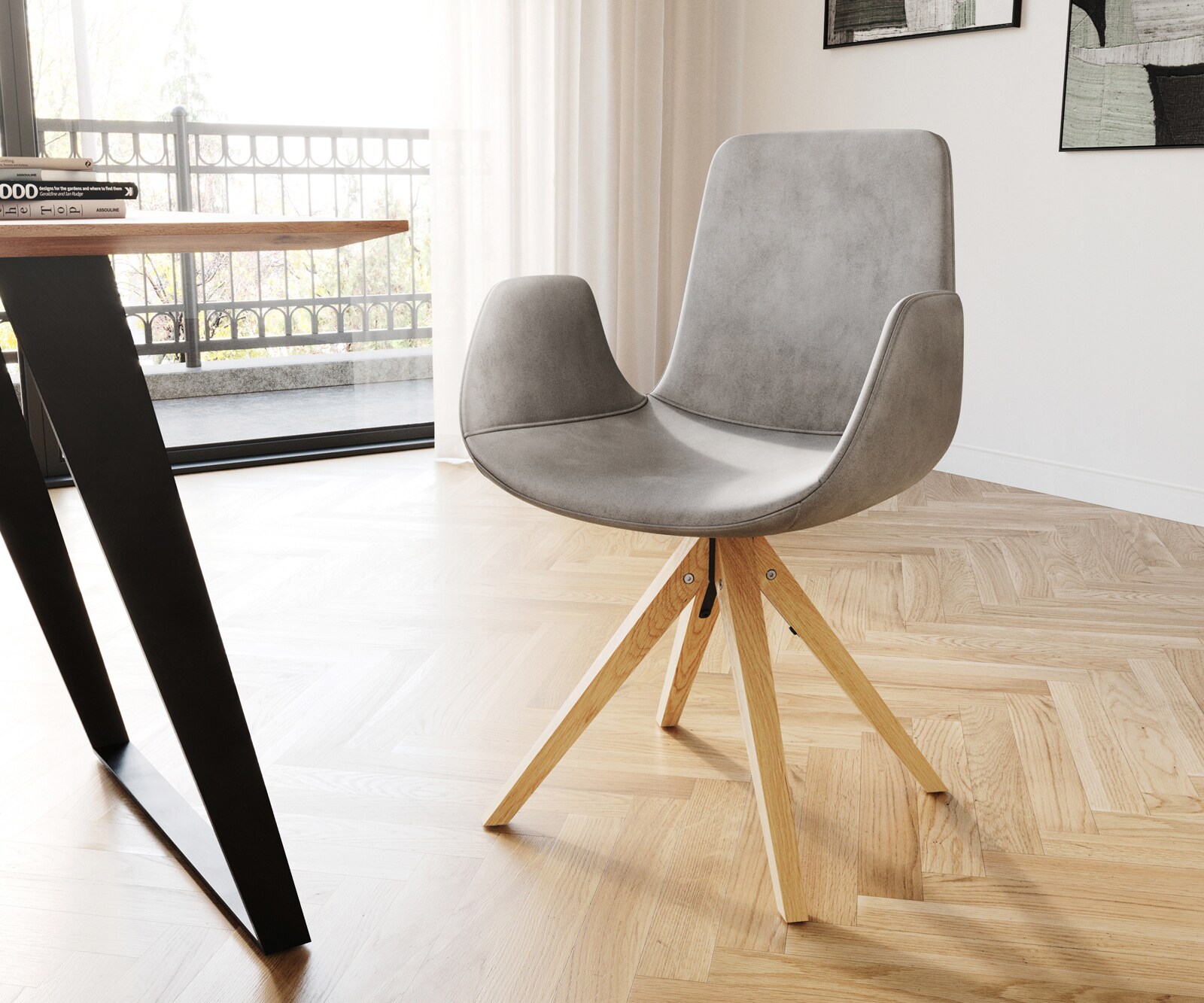 Chaise-de-salle-à-manger Ilia-Flex avec accoudoirs velours gris pied en bois conique naturel