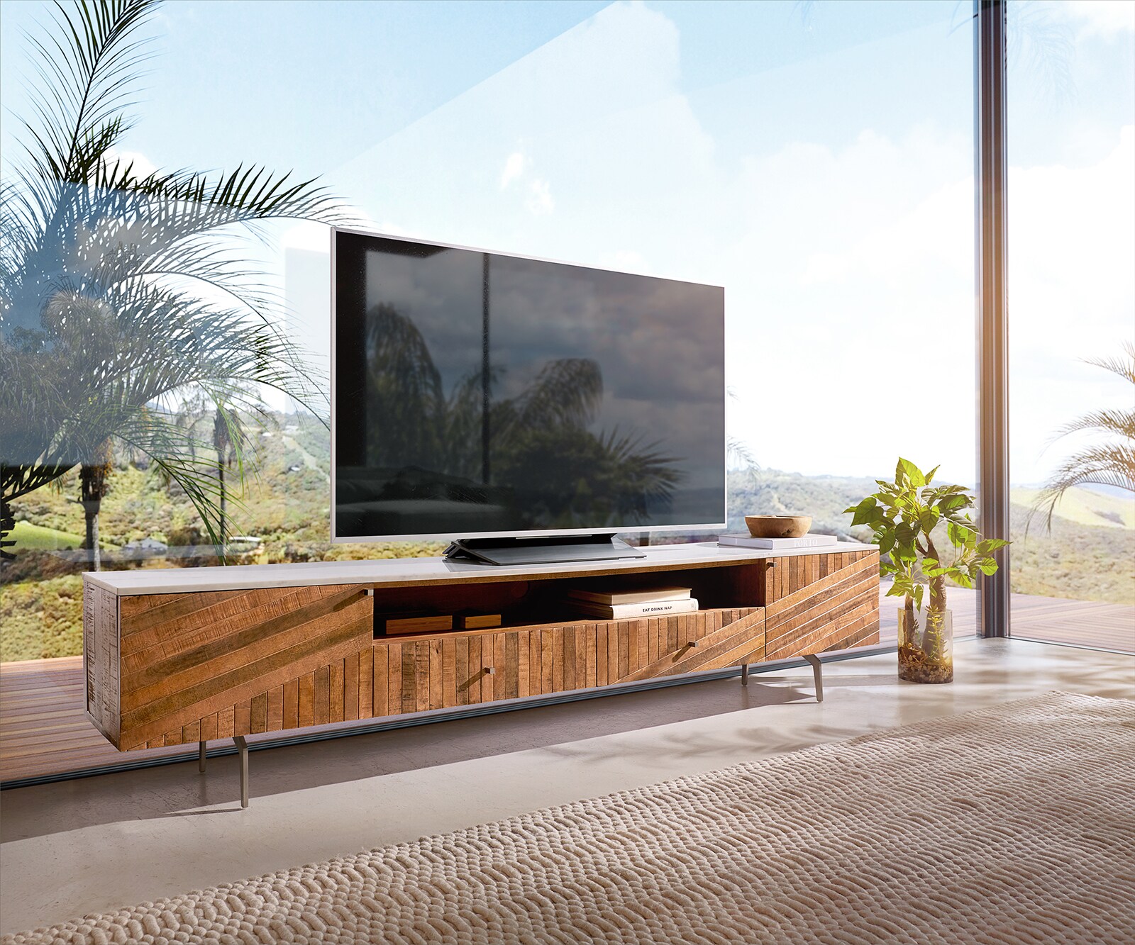 Lowboard Bahan Mango Teak Plateau en marbre blanc 4