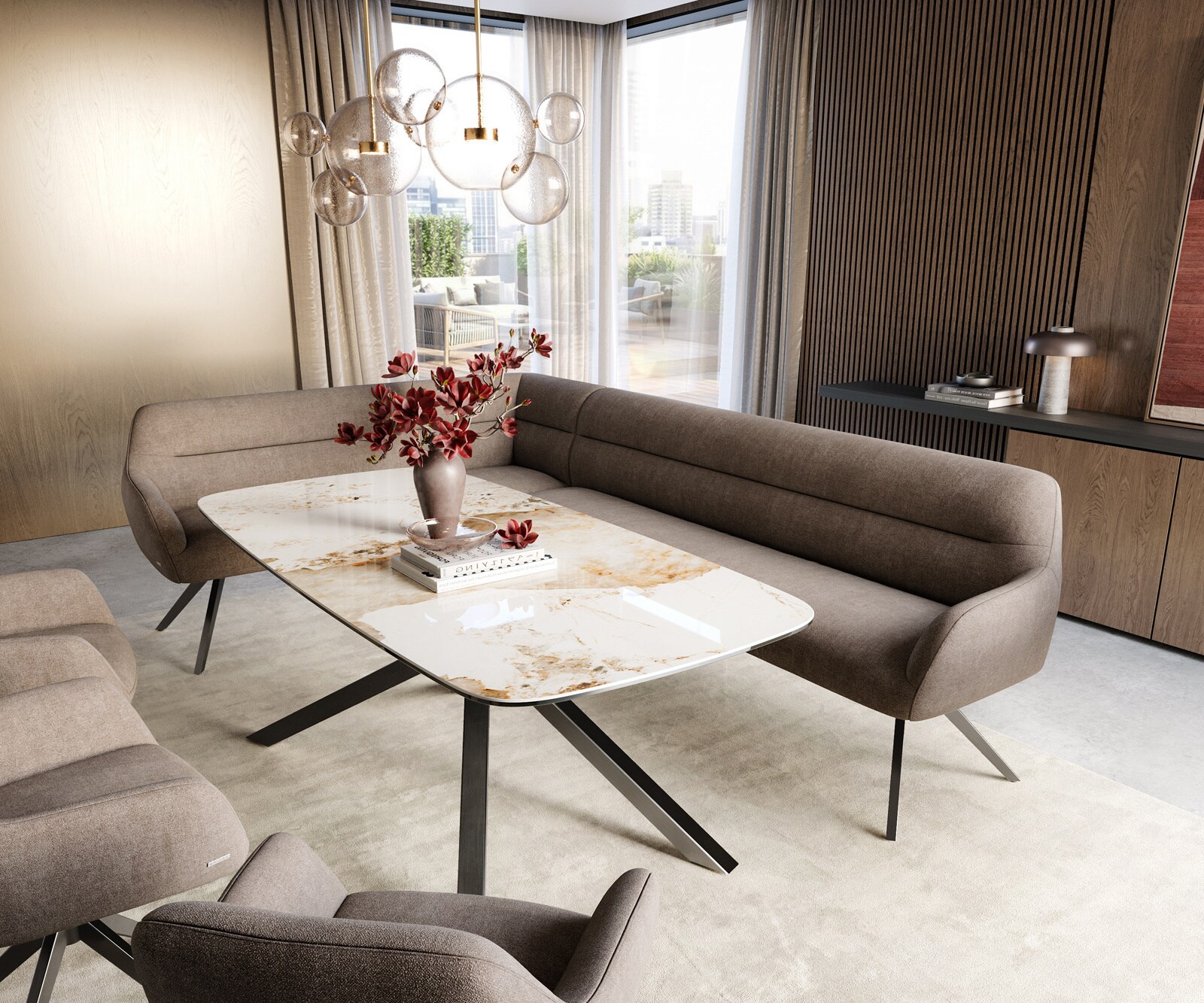 Banc-de-salle-à-manger Taya-Flex 285x190 cm tissu structuré doux taupe pied croisé angulaire grafiete ressort ensaché liens 1