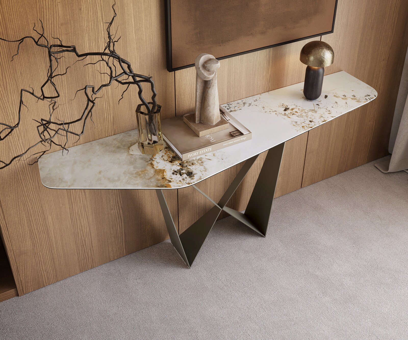 Console Edge Polygonal 180x50 cm Céramique Minas Melange Weiß-Beige Spios Métal Effektfinish Titan 2