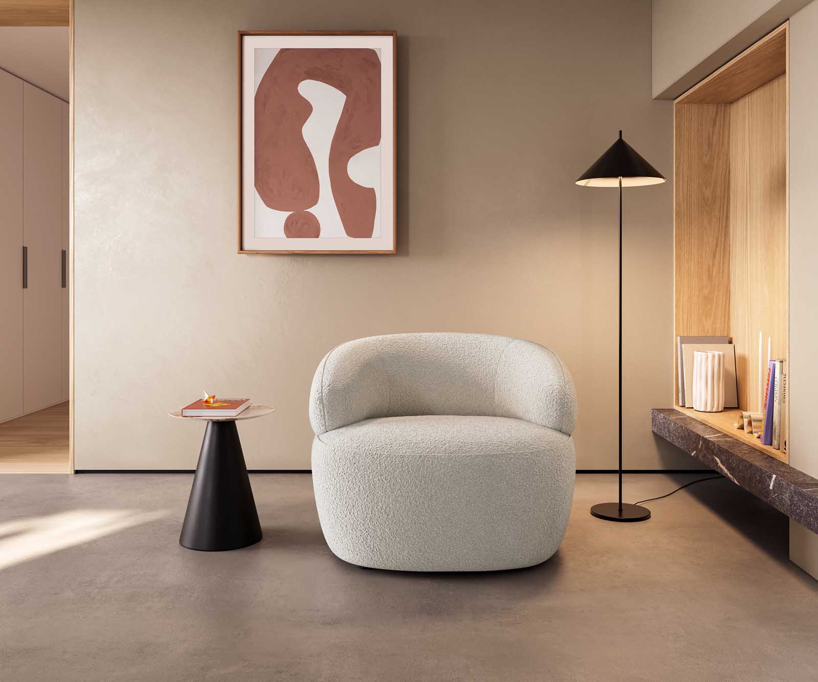 Fauteuil lounge Nova 88x88 cm Bouclé Crème-Blanc 3