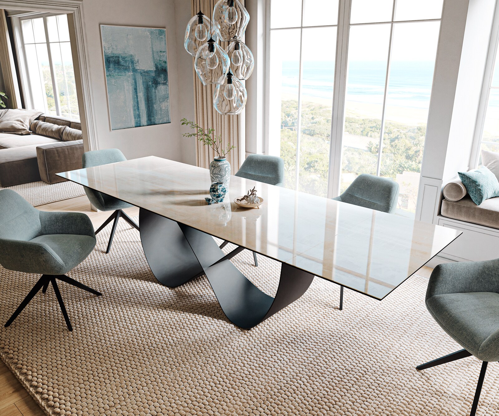 Table à manger extensible Edge 200-300x100 cm céramique Onyx Champagne Infinity métal noir