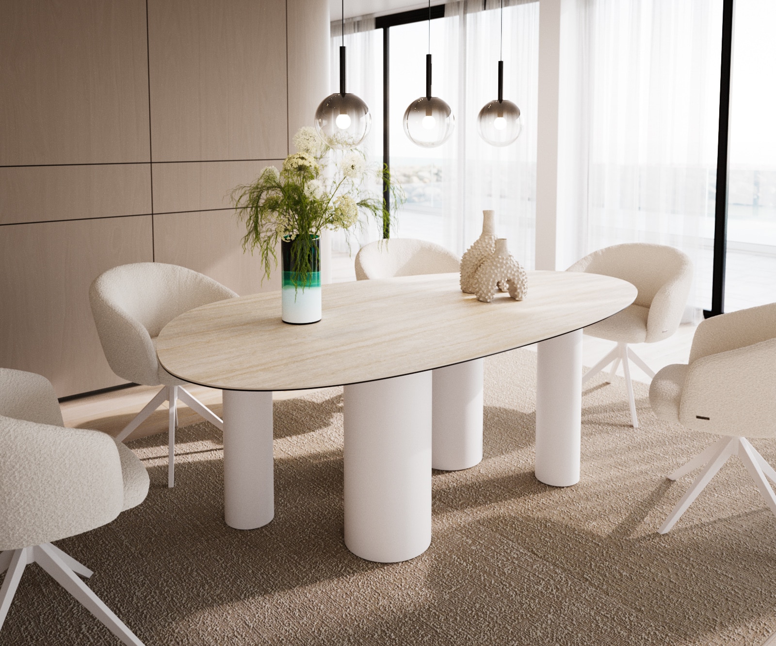 Table à manger Edge Ovale 220x120 Céramique Laminam®Travertino Bianco Crème-Blanc ​Pilier Métal Blanc