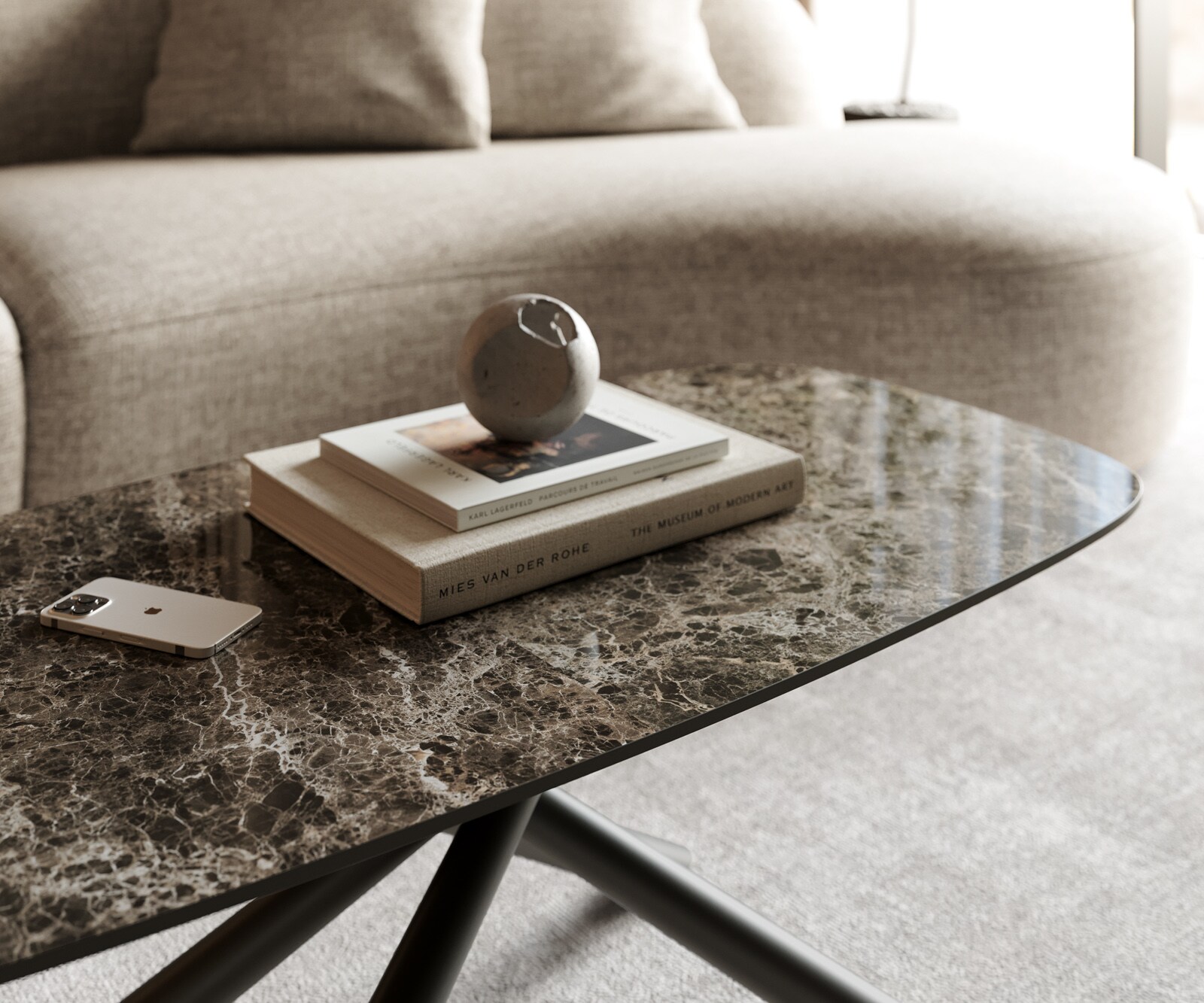 Table basse Edge bateau 100x50 cm céramique Emperador Extra Lucidato brun foncé Sarity métal noir 5