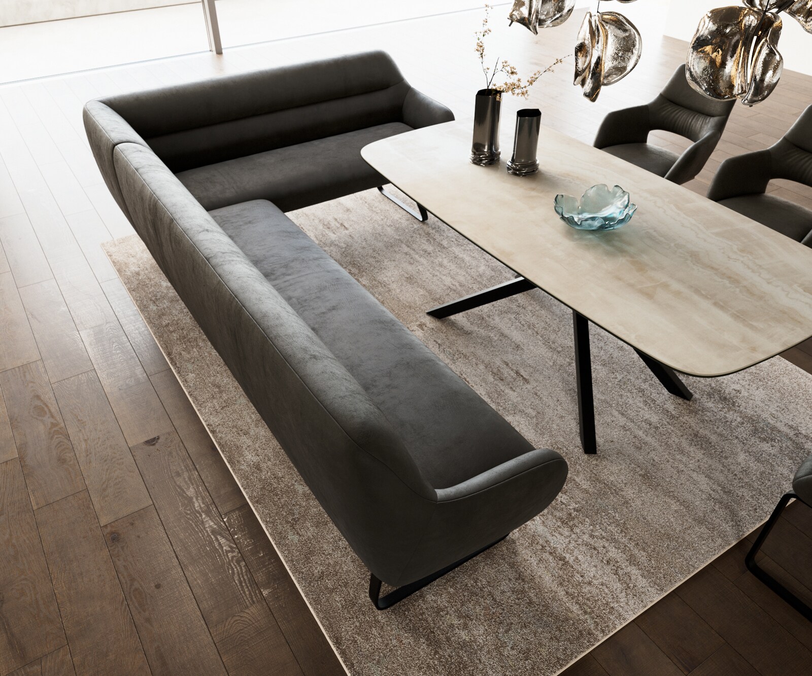 Banc-de-salle-à-manger Taya-Flex 285x190 cm microfibre antracite vintage châssis à patins plat noir ressort ensaché liens 4
