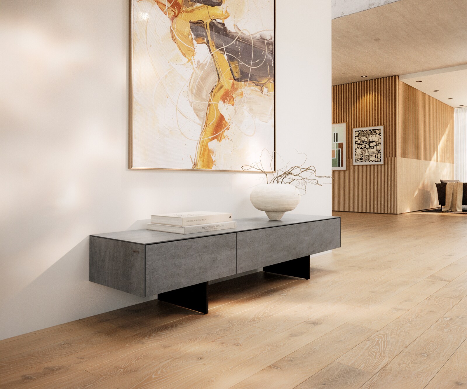 Meuble-TV Cuor 150 cm Céramique Béton gris 1 Clapet 1 Tiroir Pied optique flottant Métal Noir