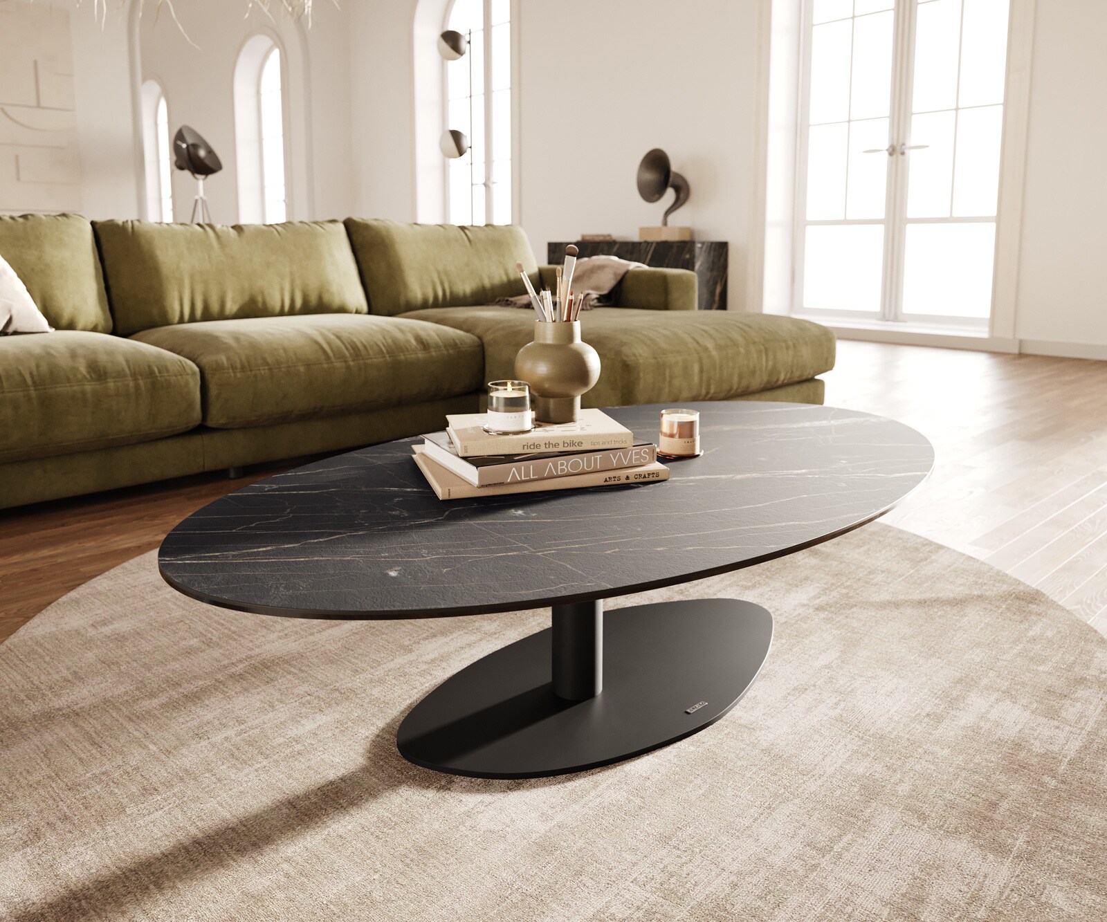 Table basse Edge Oval 140x80 cm céramique Laminam® Noir Desir brun Vibany métal noir 1