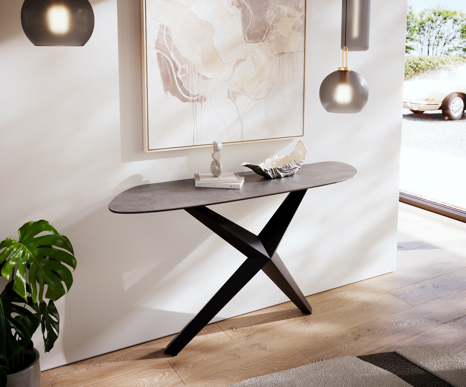 Table console Edge Organique 140x40 cm Céramique Béton Gris Zentharo Métal Noir 1