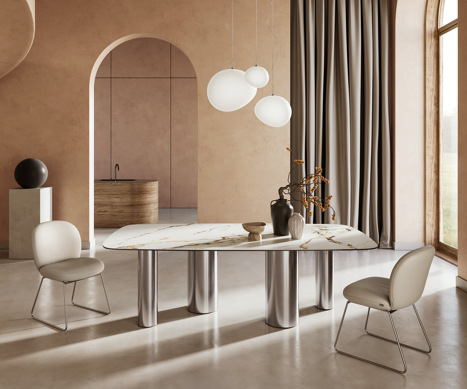 Table à manger Edge Boot 240x120cm céramique Calacatta Luxe blanc-doré-gris Pilier acier inoxydable Table à manger Edge Boot 240x120cm céramique Calacatta Luxe blanc-doré-gris Pilier acier inoxydable