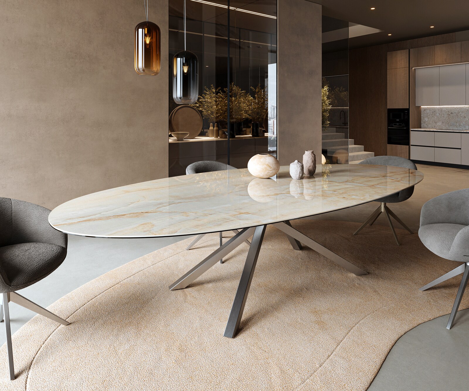 Table à manger Edge Oval 315x150 cm Céramique Iris FMG Onice Oro piètement en croix Rectangle Acier inoxydable 1