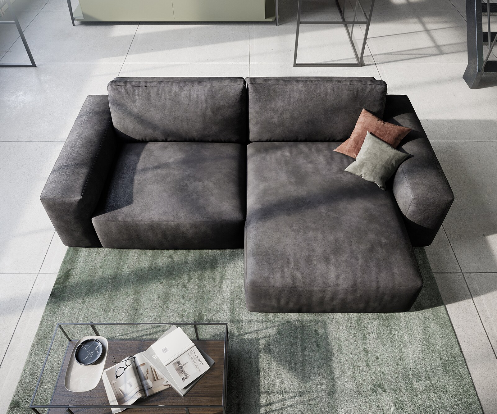 Canapé d’angle Lanzo 230x155 cm similicuir vintage anthracite méridienne réversible 3