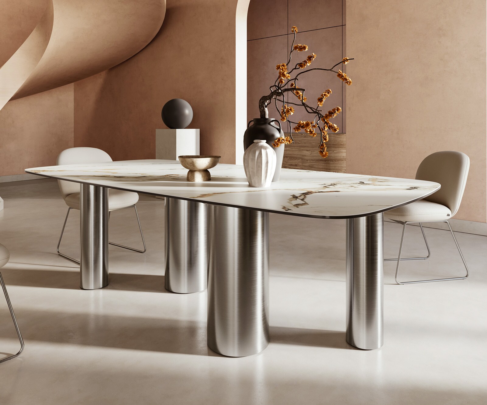 Table à manger Edge Boot 240x120cm céramique Calacatta Luxe blanc-doré-gris Pilier acier inoxydable 5