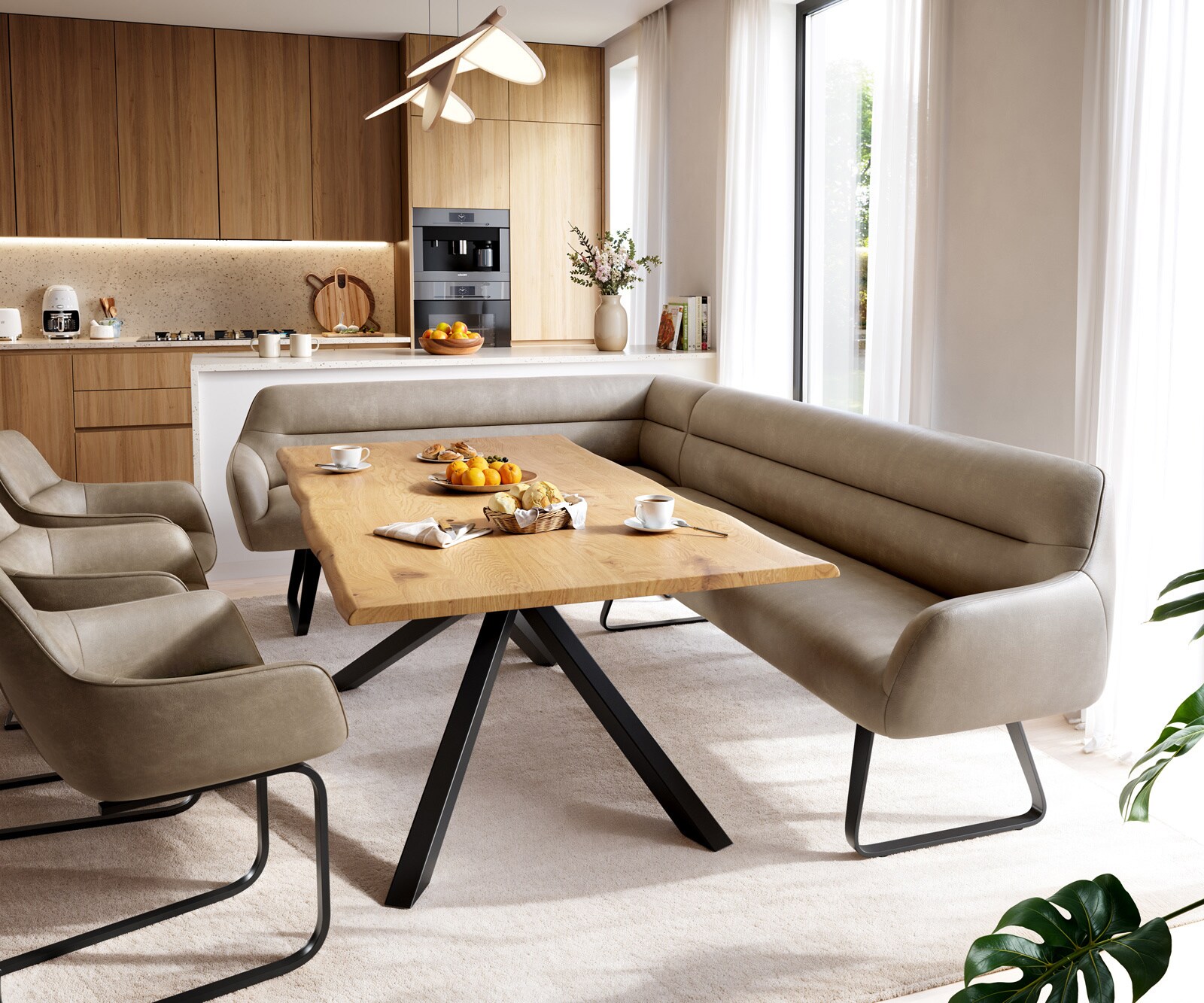 Banc-de-salle-à-manger Taya-Flex 285x190 cm microfibre beige vintage châssis à patins plat noir ressort ensaché à droite 1