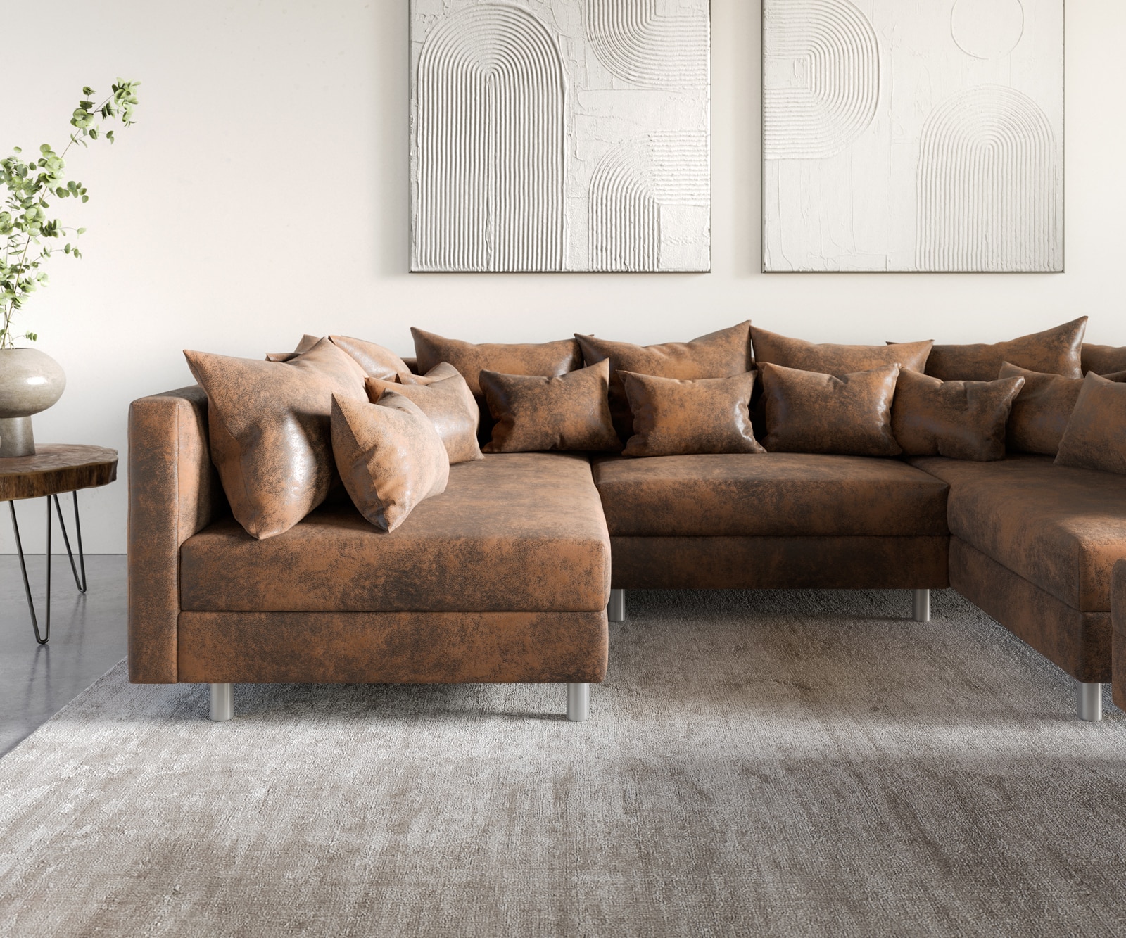 Canapé-Panoramique Clovis Marron look Vintage modulable avec Tabouret  6