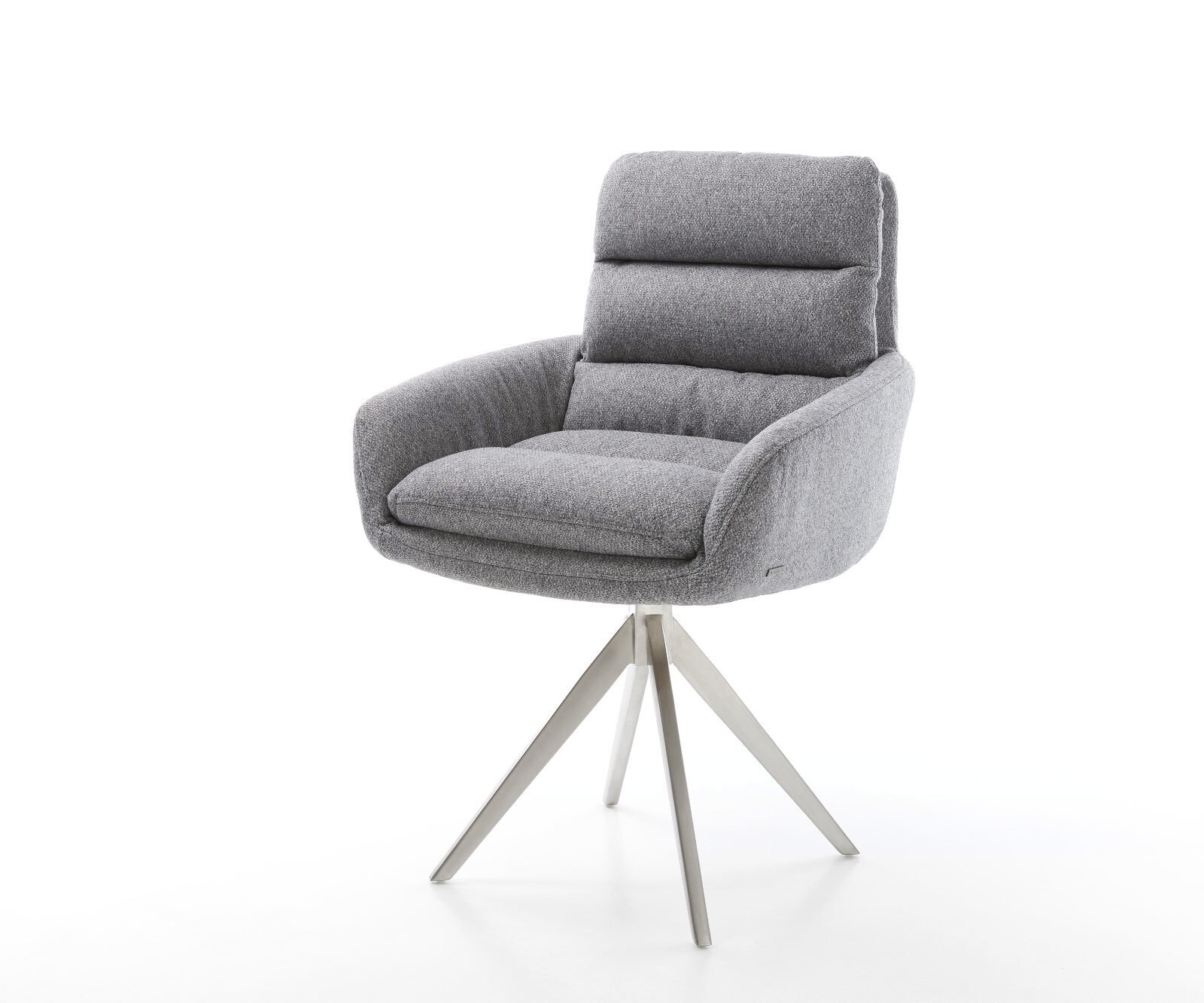 Chaise-de-salle-à-manger Abelia-Flex avec accoudoirs tissu texturé gris clair pied croisé angulaire acier inoxydable brossé