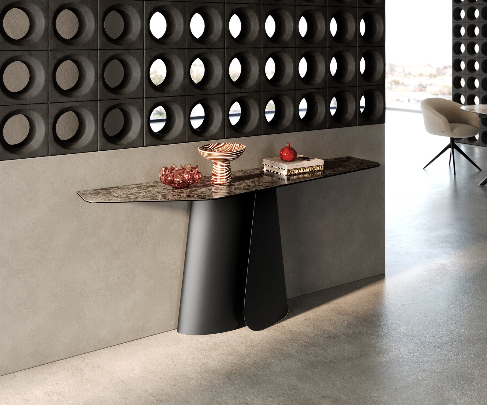 Console Edge Polygonal 180x50 cm Céramique Emperador Extra Lucidato Dunkelbraun Livos Métal Noir 1
