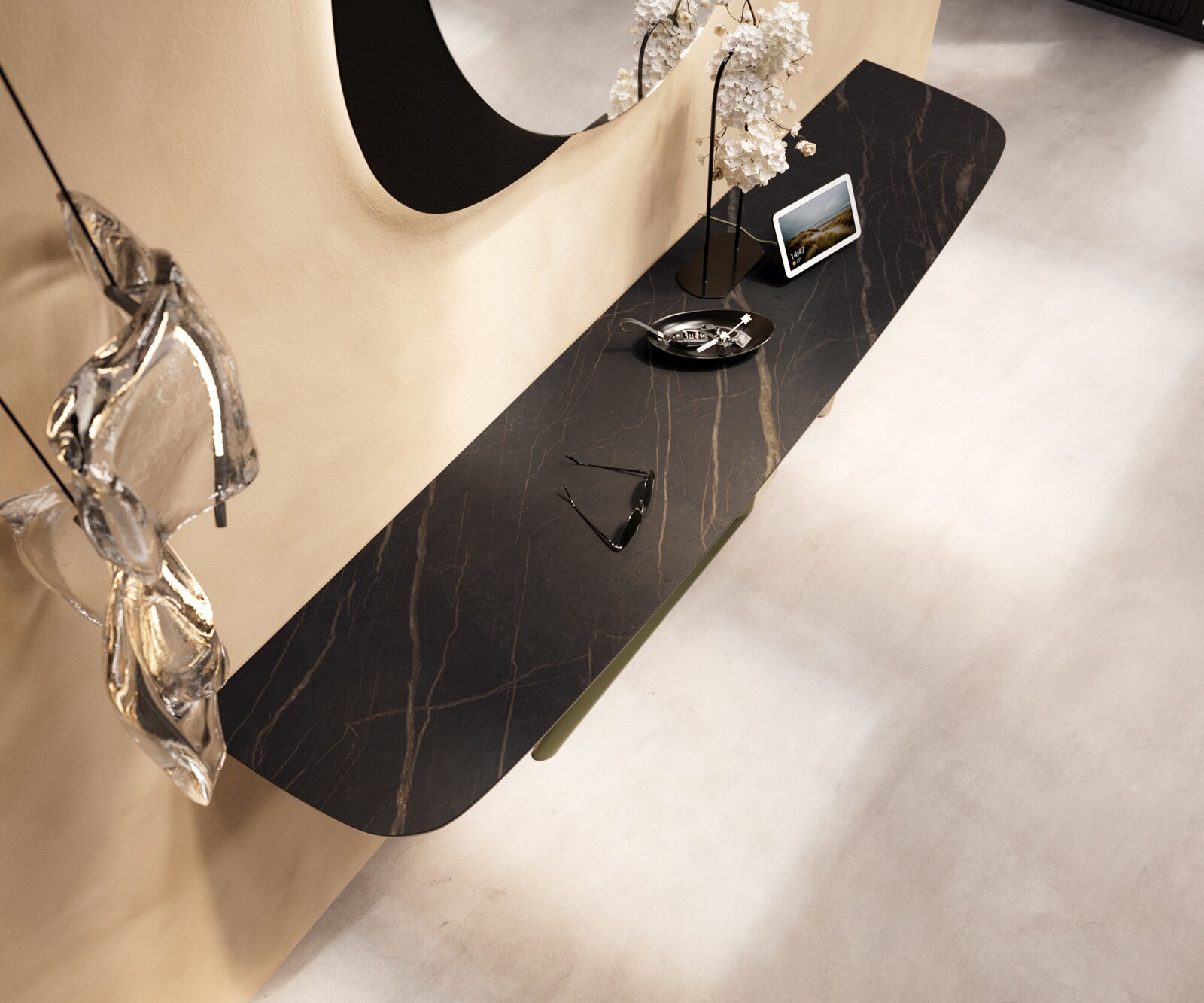 Console Edge forme bateau 180x40 cm Céramique Laminam® Noir Desir Braun Estelo Métal Effektfinish Titan 2