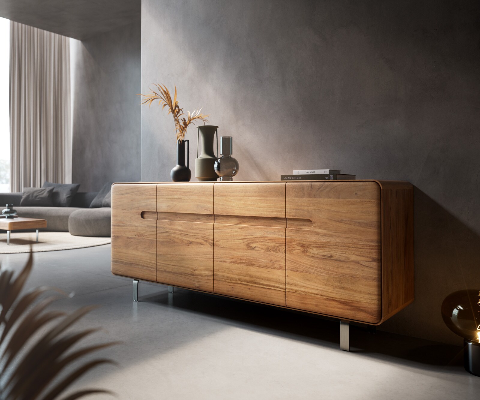 Buffet Anaya 175 cm acacia naturel 4 portes pied en L inoxydable 1
