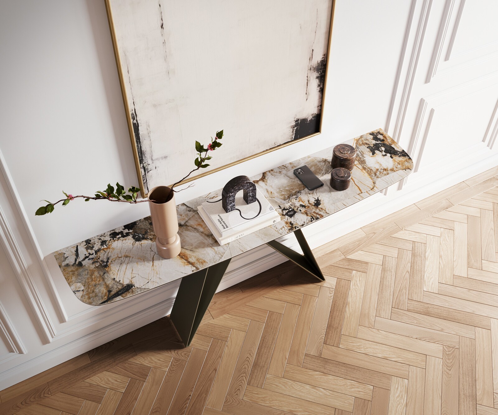 Console Edge forme bateau 180x40 cm Céramique Patagonia Poliert Velio Métal Effektfinish Titan 4