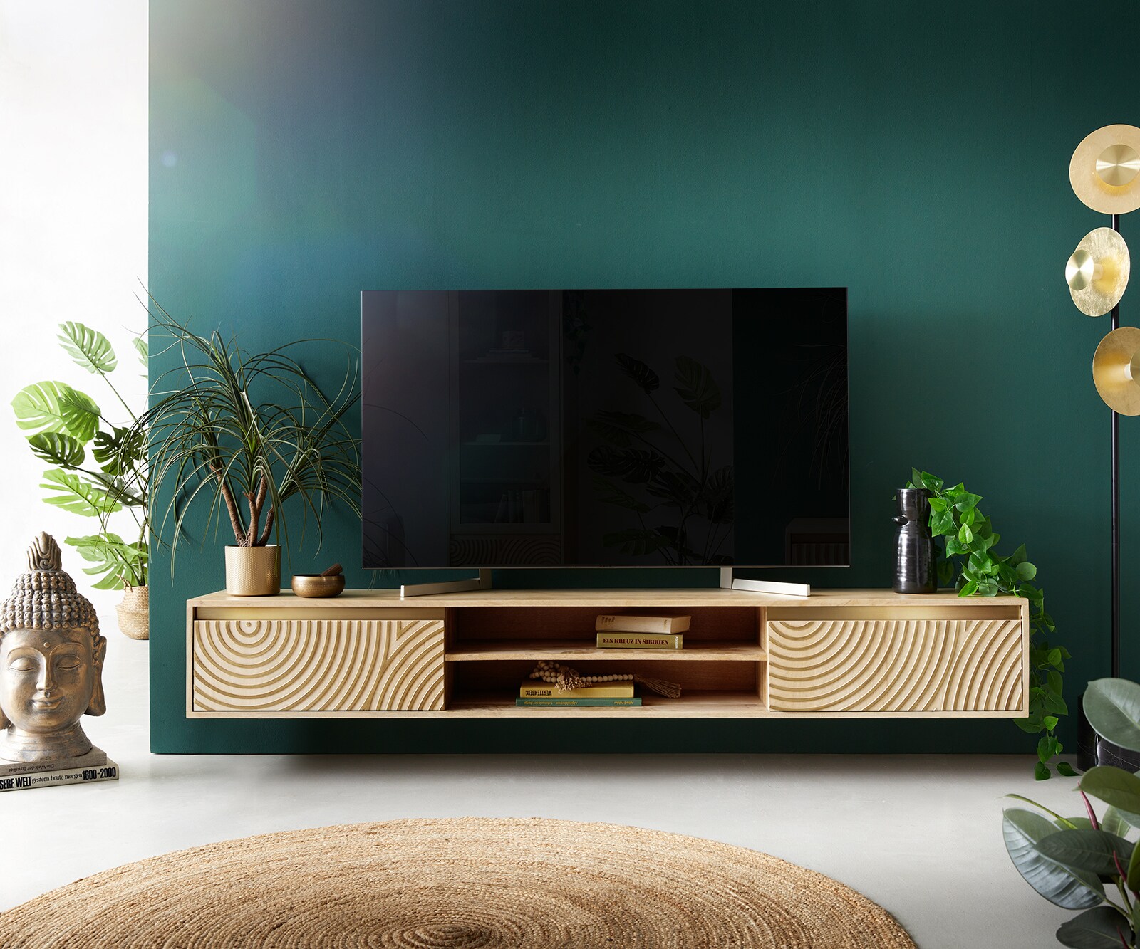 Meuble-TV Budaya 200 cm manguier naturel 2 portes fixation murale 1