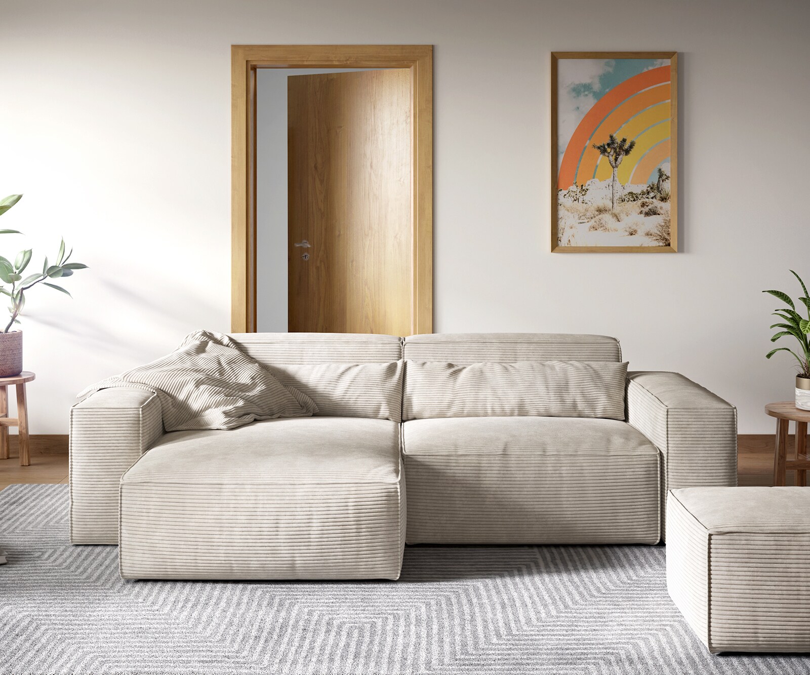 Canapé d'angle Sirpio XL 270x170 cm Velours côtelé Beige Recamiere variable avec Tabouret 1