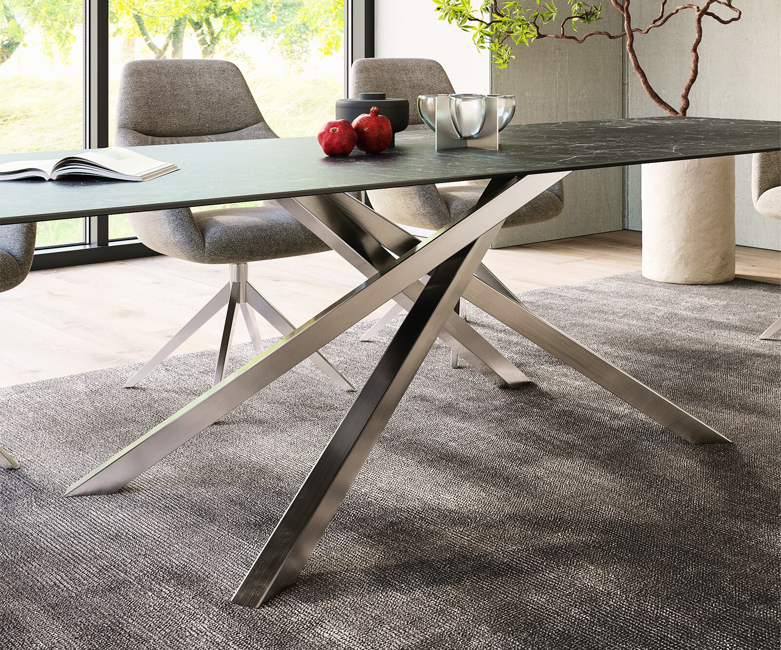 Table-à-manger Edge 300x100cm Laminam® céramique gris pieds milieu croisé argent 6