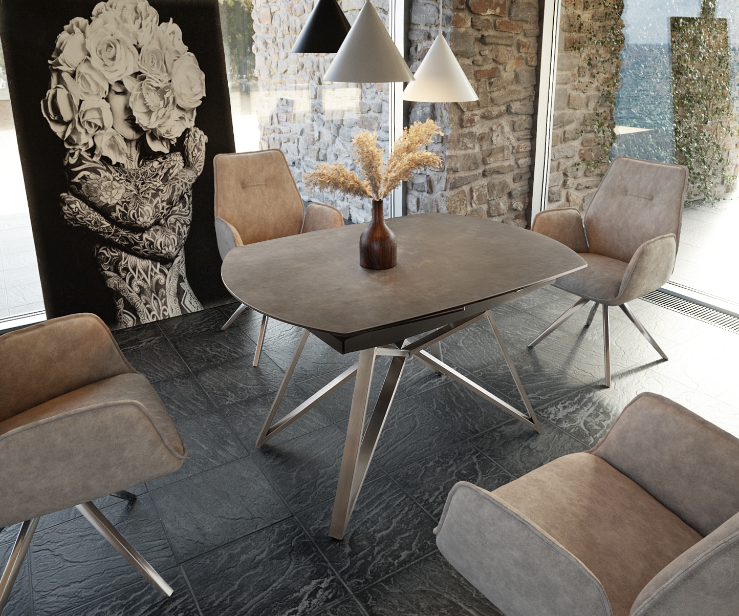 Table-manger Carlow 130/200x95 cm céramique marron acier inoxydable extensible 1 Table-manger Carlow 130/200x95 cm céramique marron acier inoxydable extensible 1