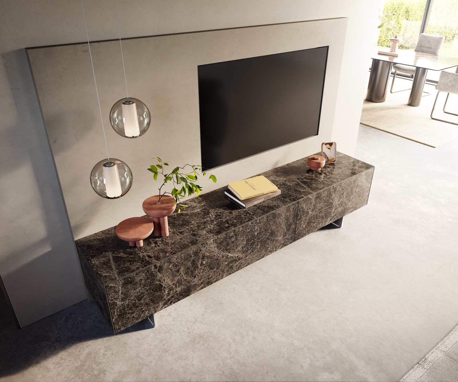 Meuble-TV Cuor 220 cm Céramique Emperador Extra Lucidato brun foncé 1 Clapet 2 Tiroirs Pied optique flottant Ancier inoxydable 3