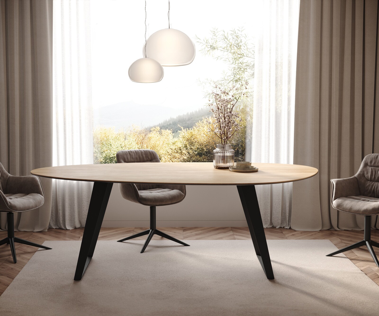 Table à manger Edge Oval 220x120 cm Céramique Laminam® Sabbia couleur chêne Métal Oblique Noir 2
