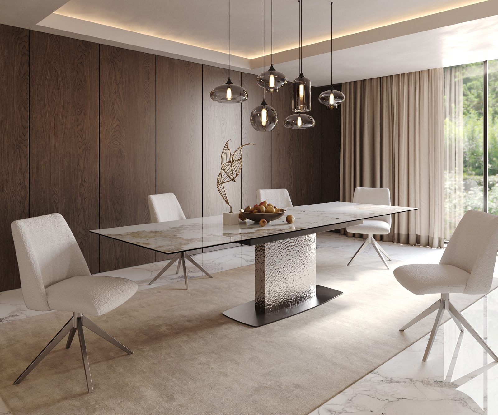 Table à manger Edge 200-300x100 céramique Minas mélange blanc-beige Wave acier inoxydable extensible 8