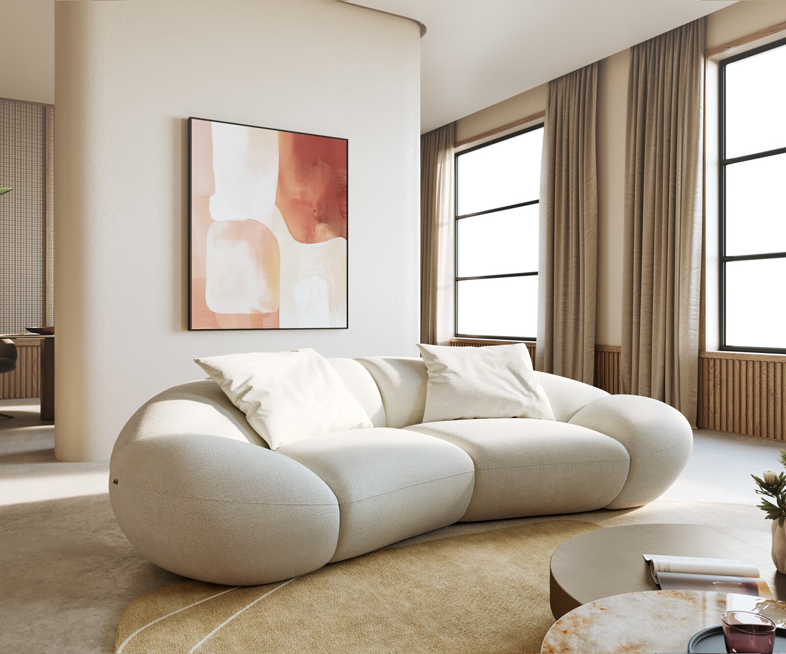 Canapé 2 places Lunna 280x170 cm bouclé soft beige 2 coussins 3