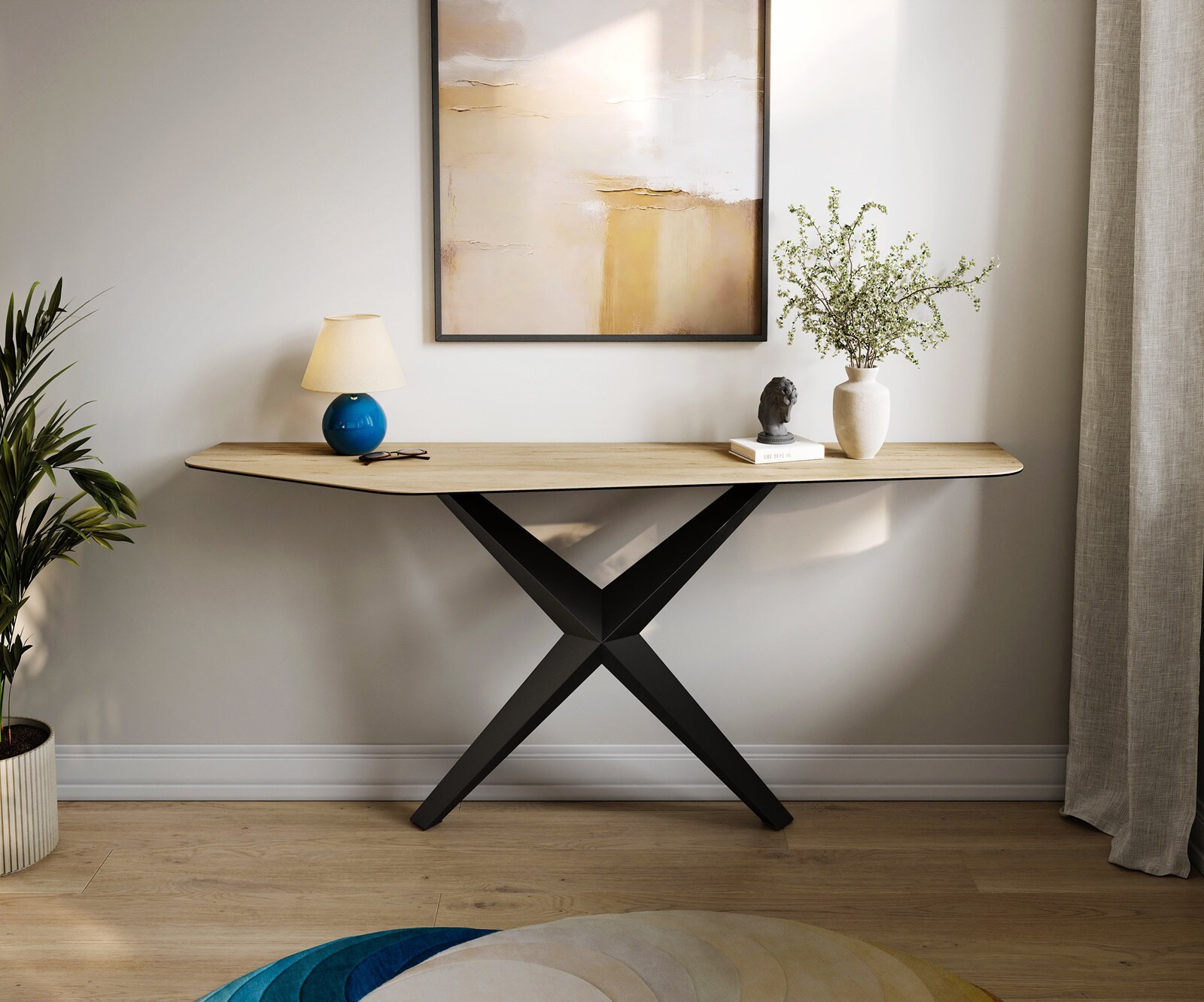 Console Edge Polygonal 180x50 cm Céramique Laminam® Sabbia Eichefarbig Zentharo Métal Noir 1