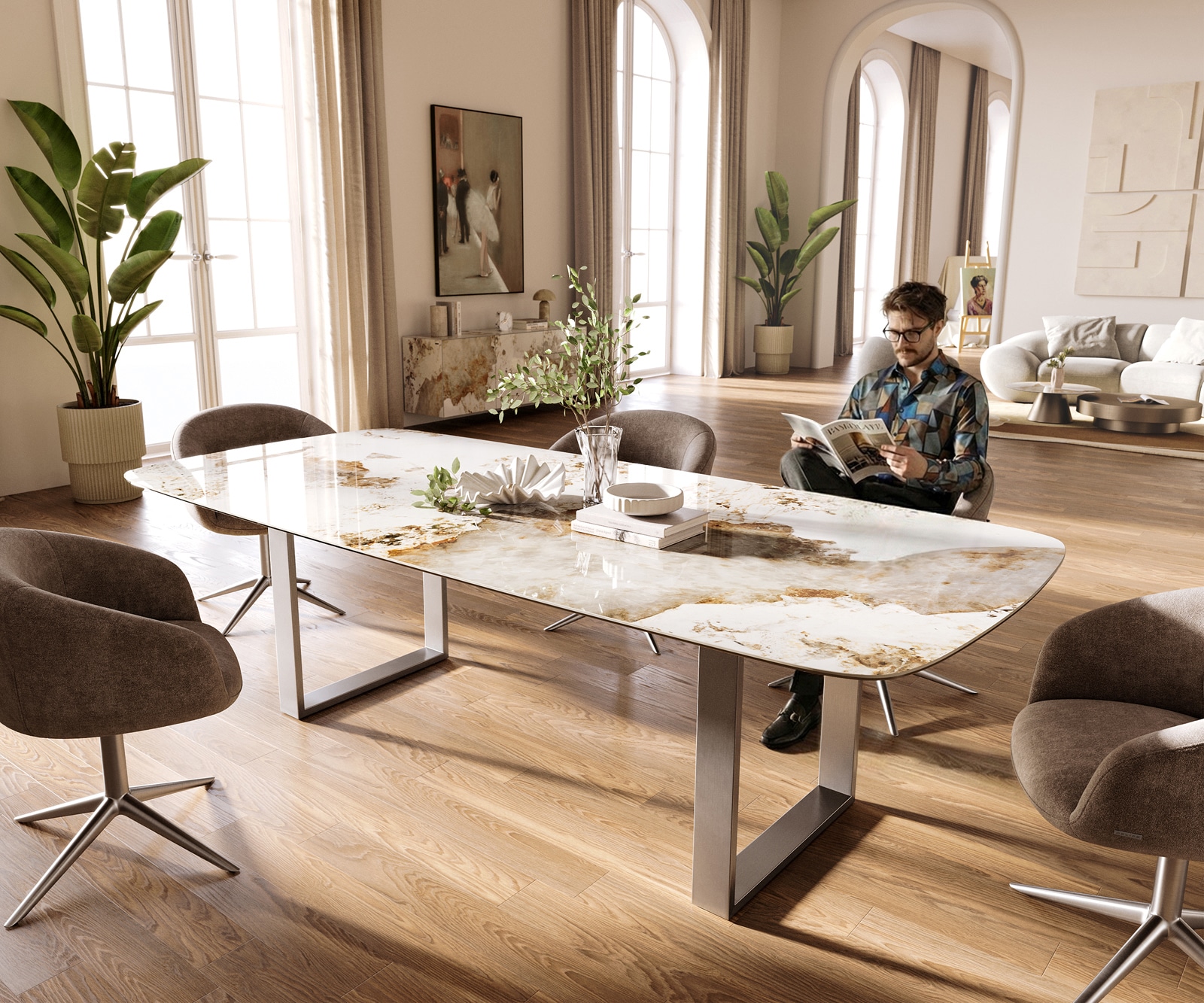 Table à manger Edge Boot 260x120 cm Céramique Minas Melange Blanc-Beige Acier inoxydable Schmal