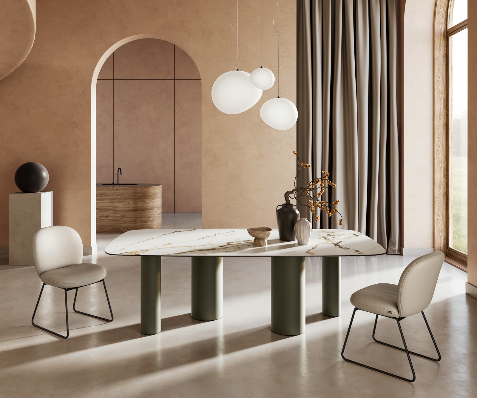 Table à manger Edge Boot 240x120cm céramique Calacatta Luxe blanc-doré-gris Pilier métal effet titane Table à manger Edge Boot 240x120cm céramique Calacatta Luxe blanc-doré-gris Pilier métal effet titane