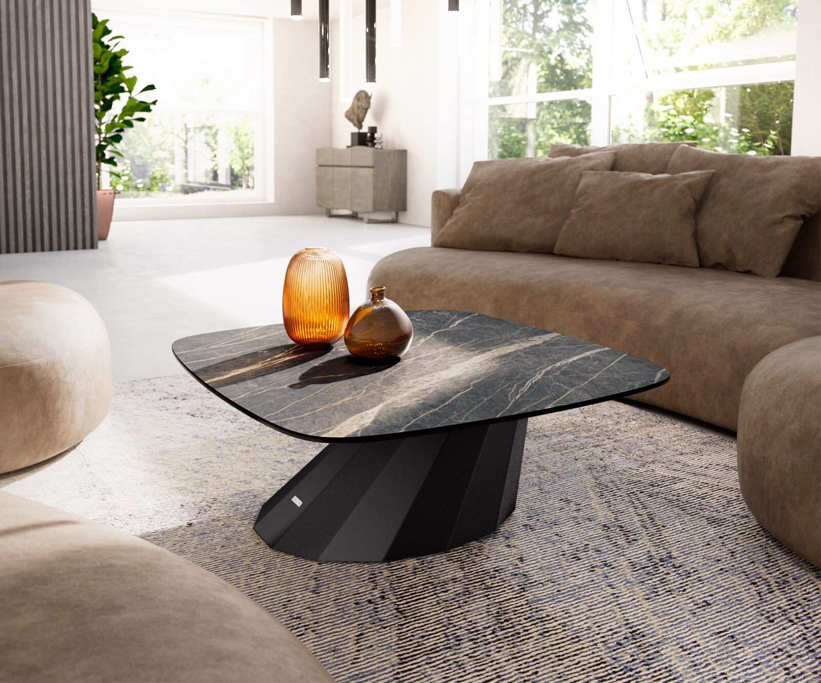 Table basse Edge Boot 90x90 cm céramique Laminam® Noir Desir brun Parabi métal noir 1