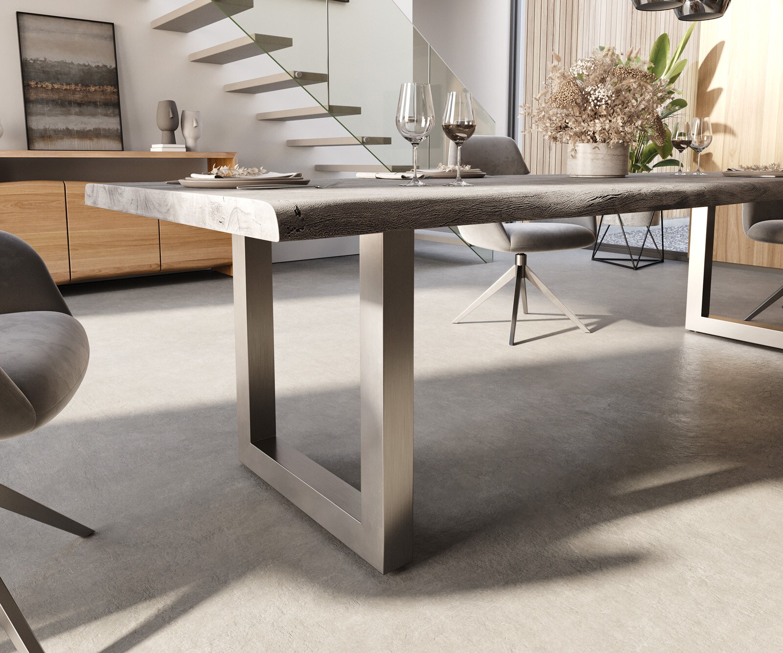 Table-à-manger Edge 300x100 XL acacia platine acier inoxydable large Live-Edge 5