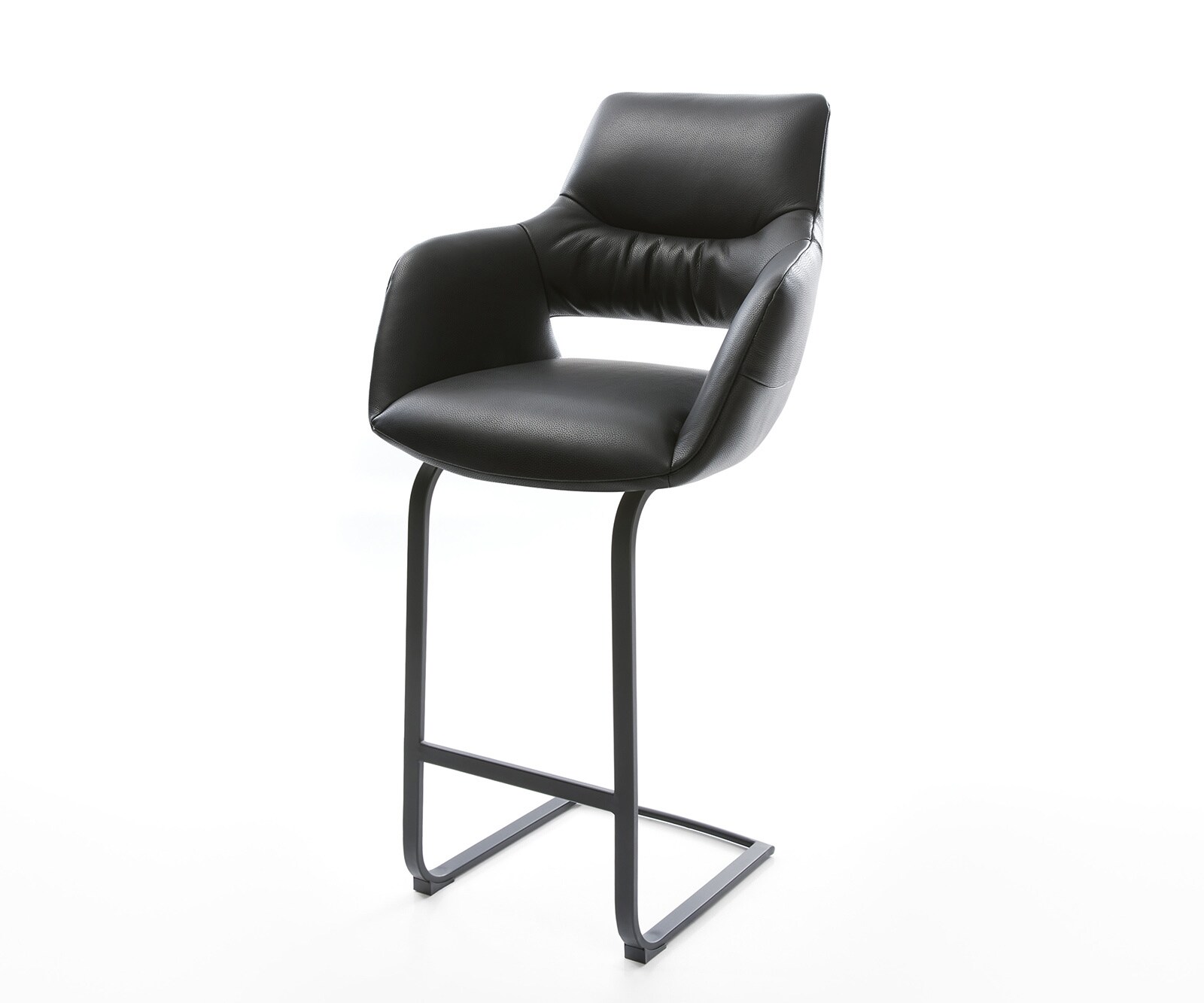 Chaise-de-bar Yago-Flex Cuir véritable noir Piétement luge plat Métal noir Ressorts ensachés