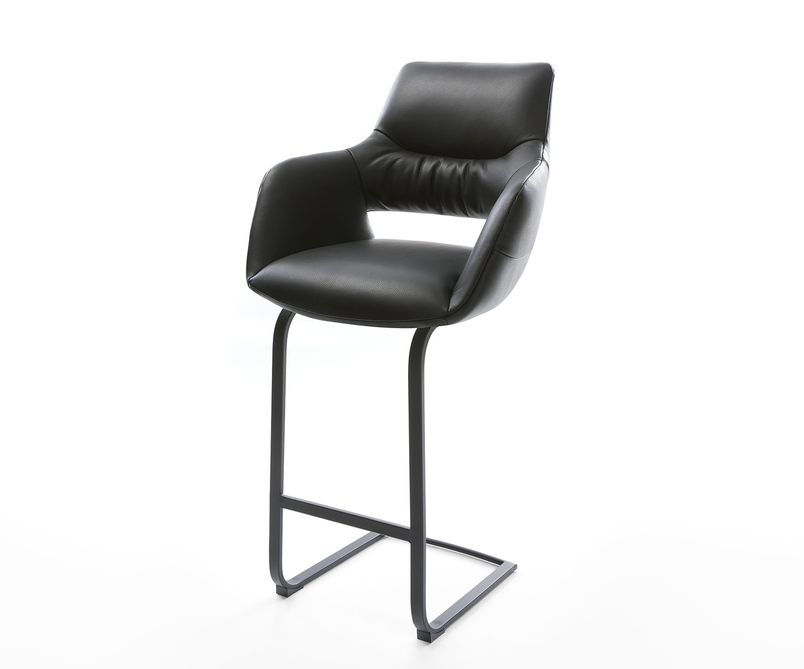 Chaise-de-bar Yago-Flex Cuir véritable noir Piétement luge plat Métal noir Ressorts ensachés Chaise-de-bar Yago-Flex Cuir véritable noir Piétement luge plat Métal noir Ressorts ensachés