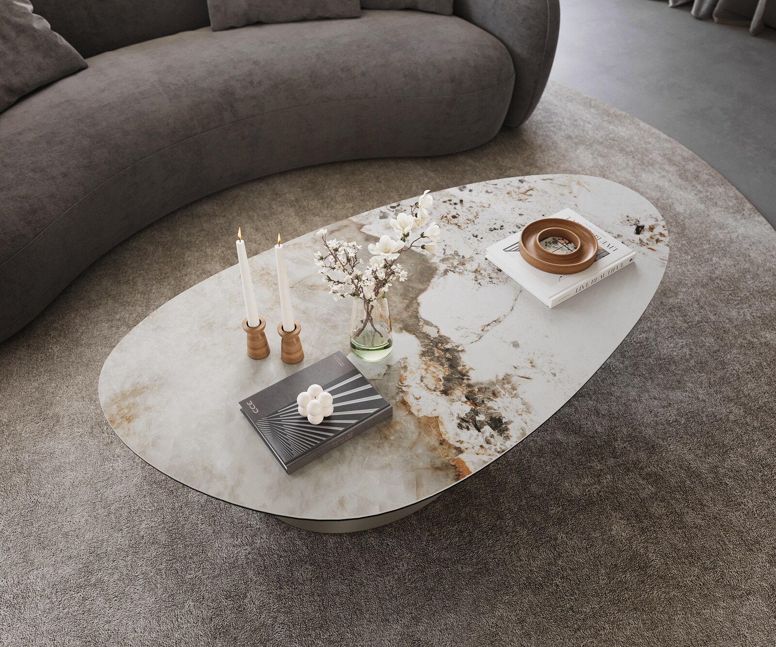 Table basse Edge Oval 140x75 cm céramique Minas Melange Conis Metall finition effet titane 4