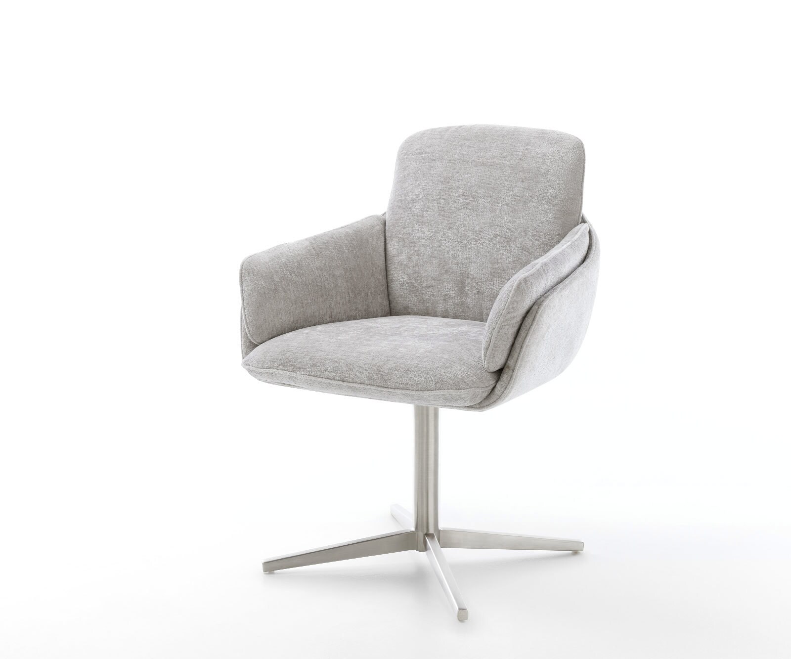 Chaise-pivotante Luan-Flex avec accoudoirs chenille gris argenté pied de chaise 4 branches acier inoxydable brossé pivotement sur 360°
