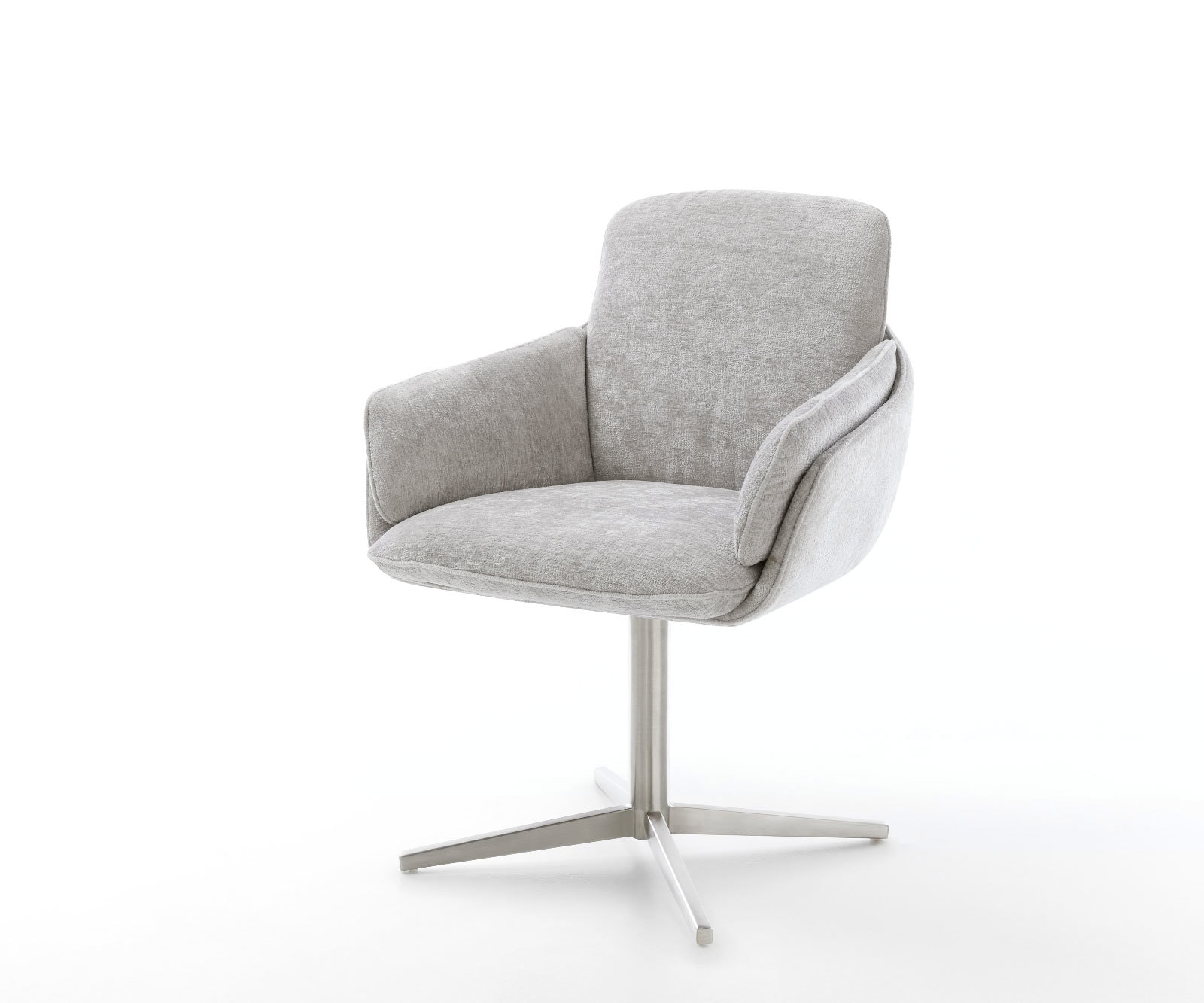 Chaise-pivotante Luan-Flex avec accoudoirs chenille gris argenté pied de chaise 4 branches acier inoxydable brossé pivotement sur 360° Chaise-pivotante Luan-Flex avec accoudoirs chenille gris argenté pied de chaise 4 branches acier inoxydable brossé pivotement sur 360°