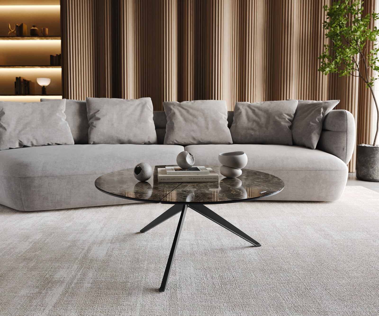 Table-basse Delron 90x90 cm Céramique Emperador Extra Lucidato Marron foncé Pied croisé plat Métal Noir 1