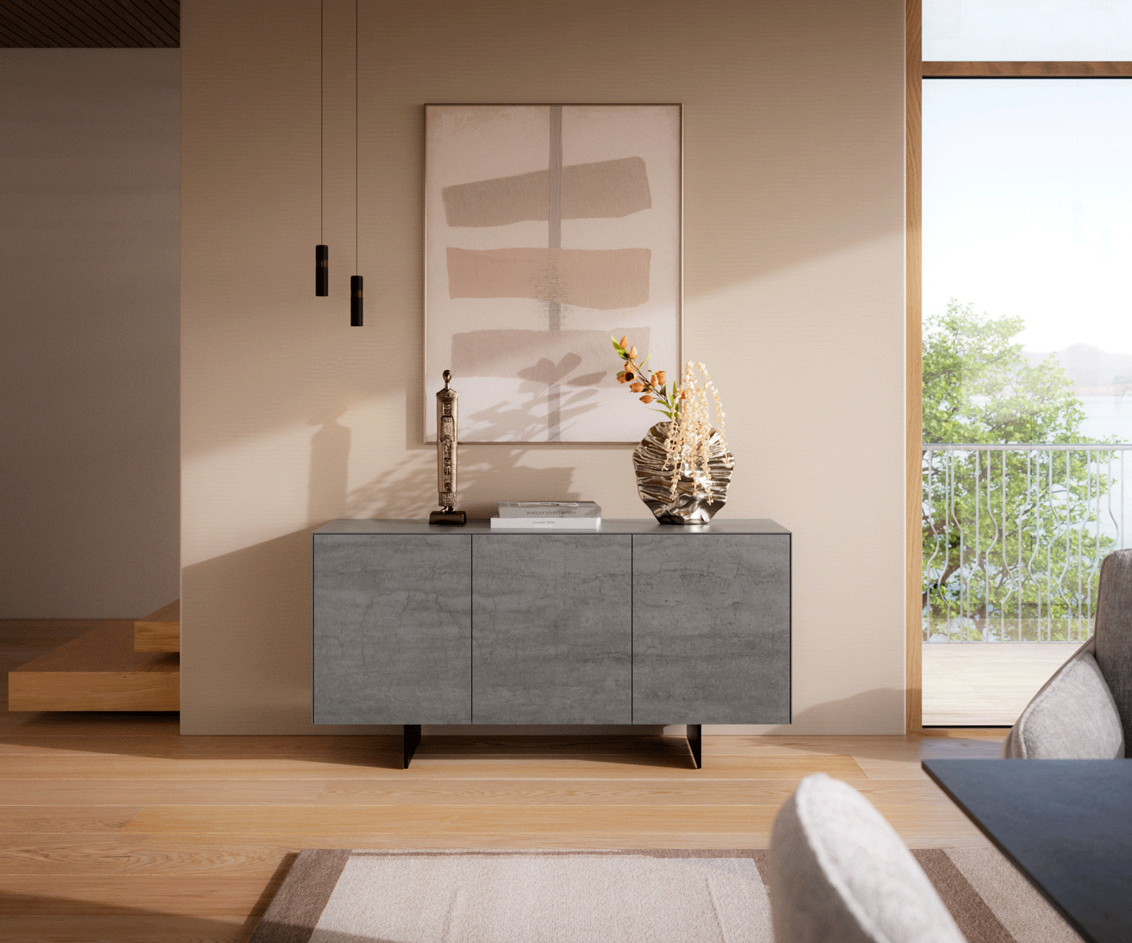 Buffet Cuor 150 cm Céramique Béton gris 3 Portes Pied optique flottant Métal Noir 2