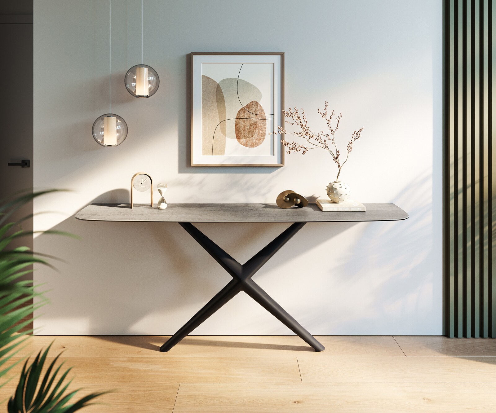 Console Edge forme bateau 180x40 cm Céramique Gris béton Estelo Métal Noir 2
