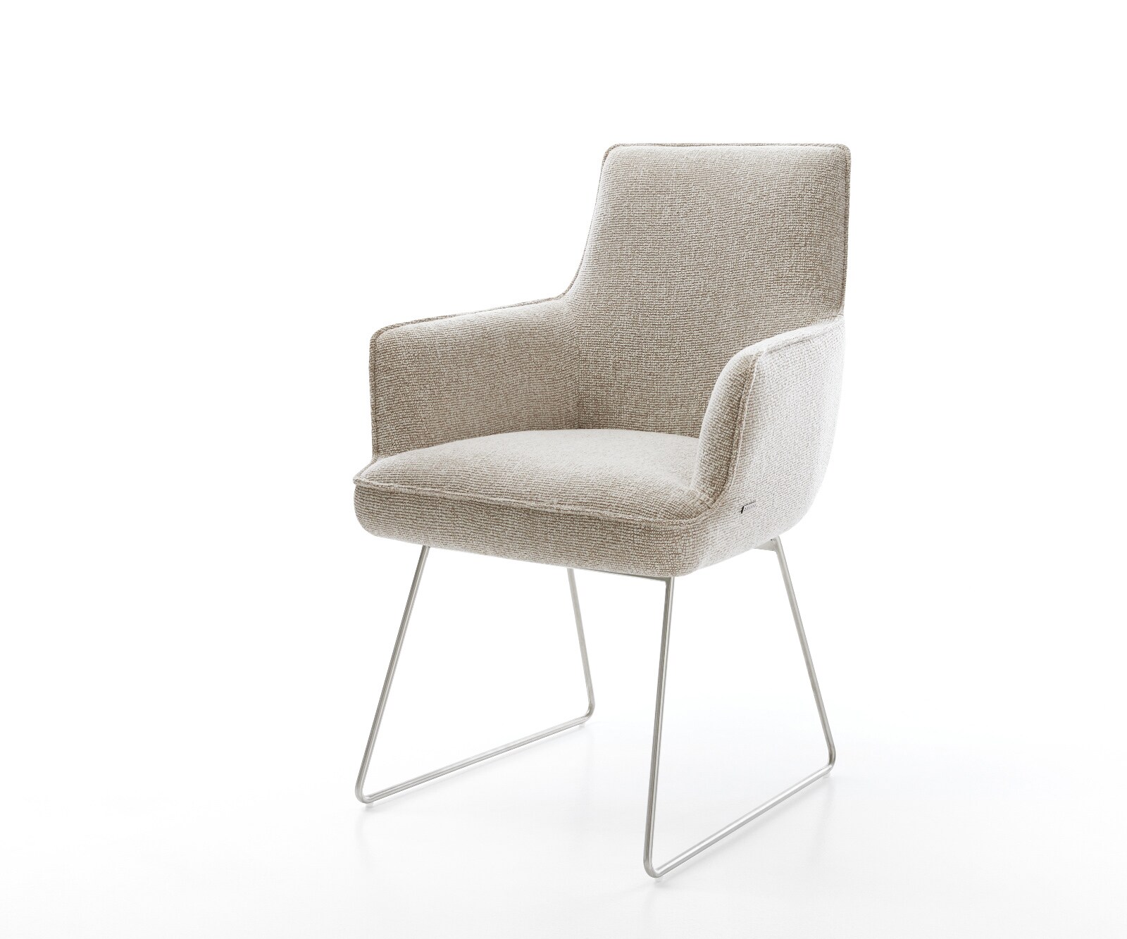 Chaise-de-salle-à-manger Heira-Flex avec accoudoirs tissu tissé doux beige pied trapèze acier inoxydable resorts ensachés 1