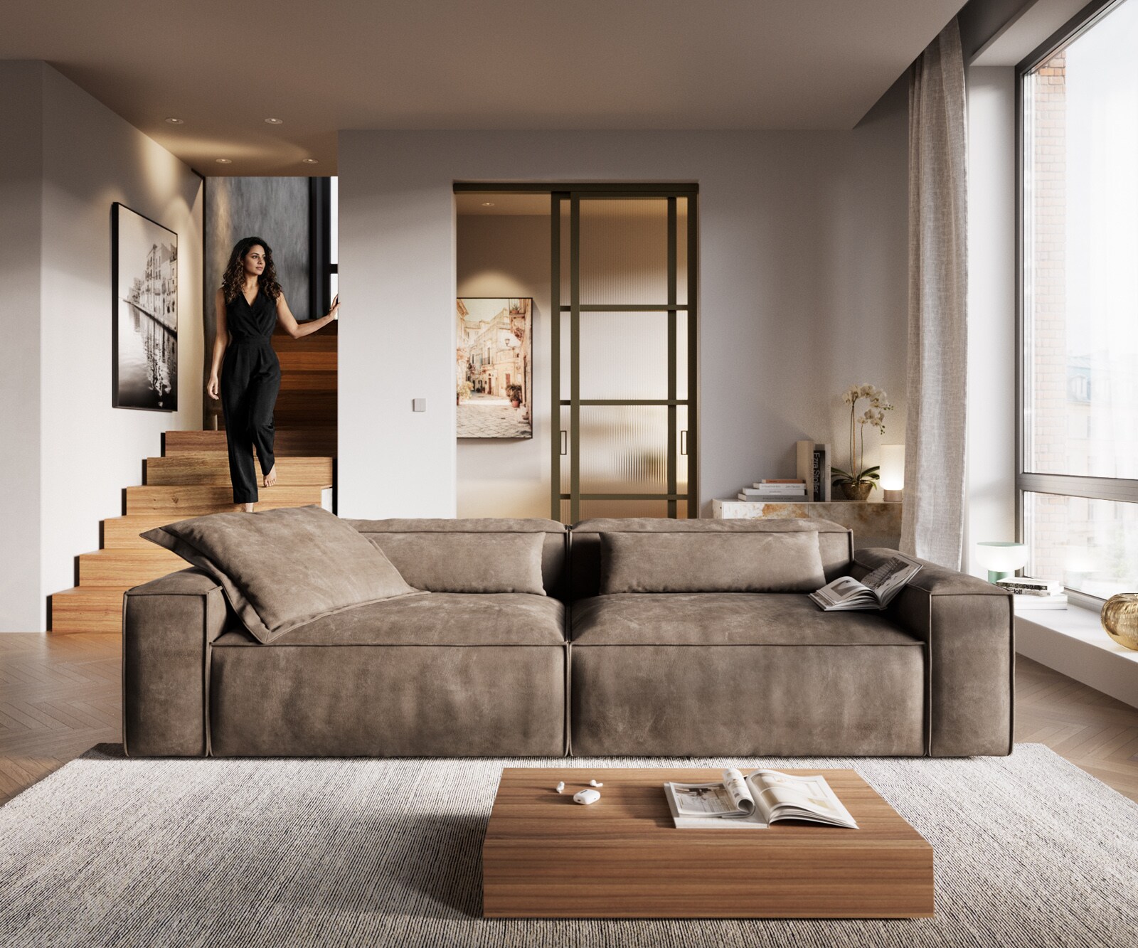 Bigsofa Freestyle 280x110 cm Tissu microfibre Taupe Vintage couture passepoilée