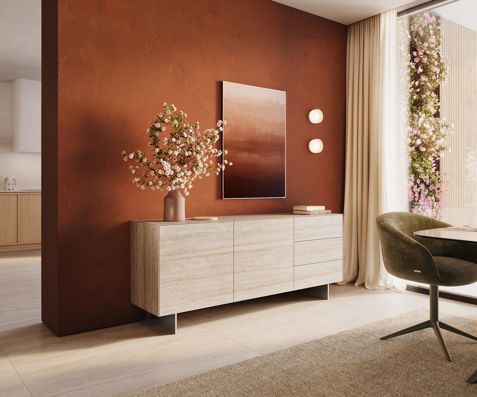 Buffet Cuor 180 cm Céramique Laminam® Travertino Bianco Crème-blanc 2 Portes 3 Tiroirs Pied optique flottant Ancier inoxydable 1