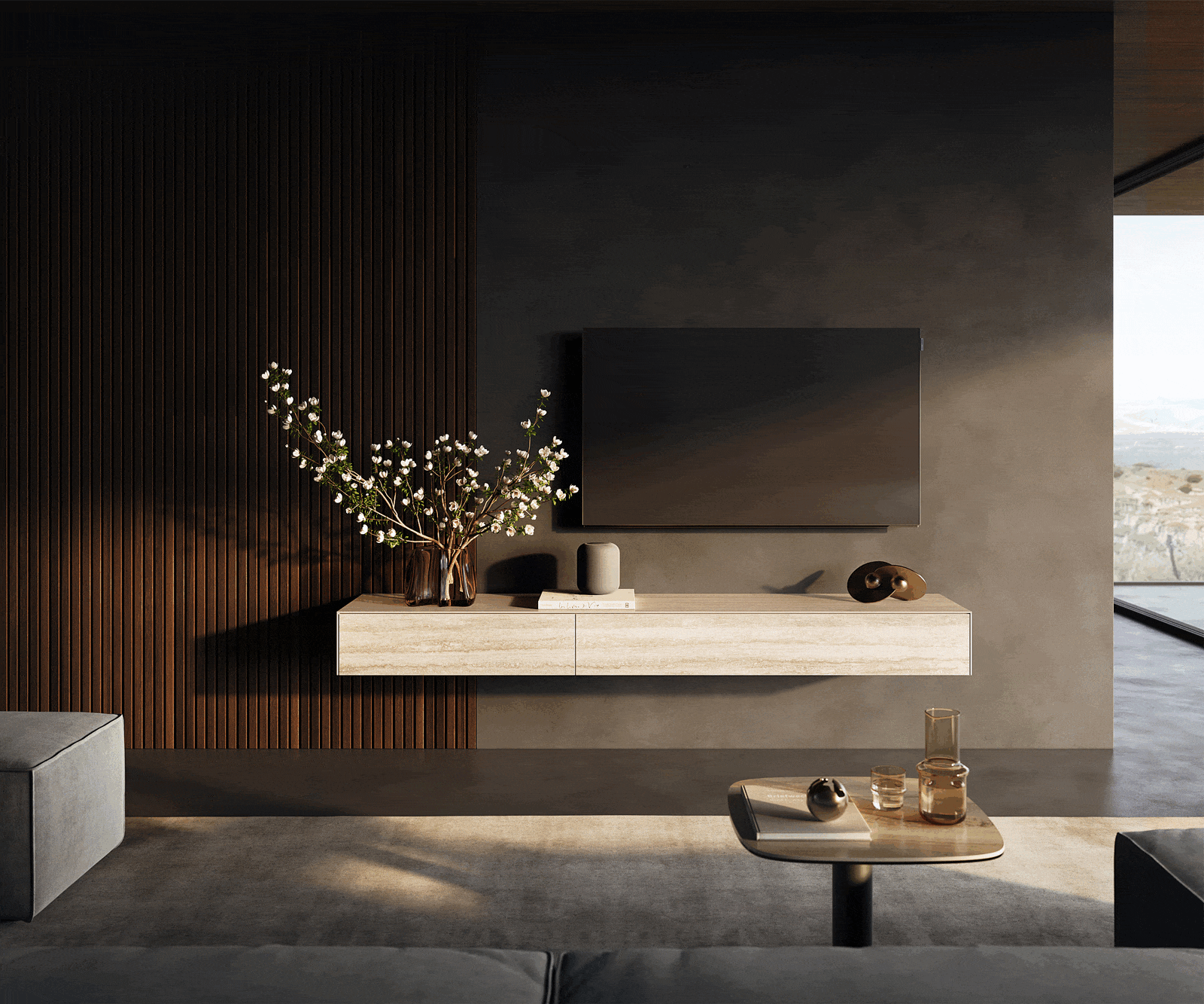 Meuble-TV Cuor 200 cm Céramique Laminam® Travertino Bianco Crème-blanc 1 Clapet 1 Tiroir Pied optique flottant Ancier inoxydable 1
