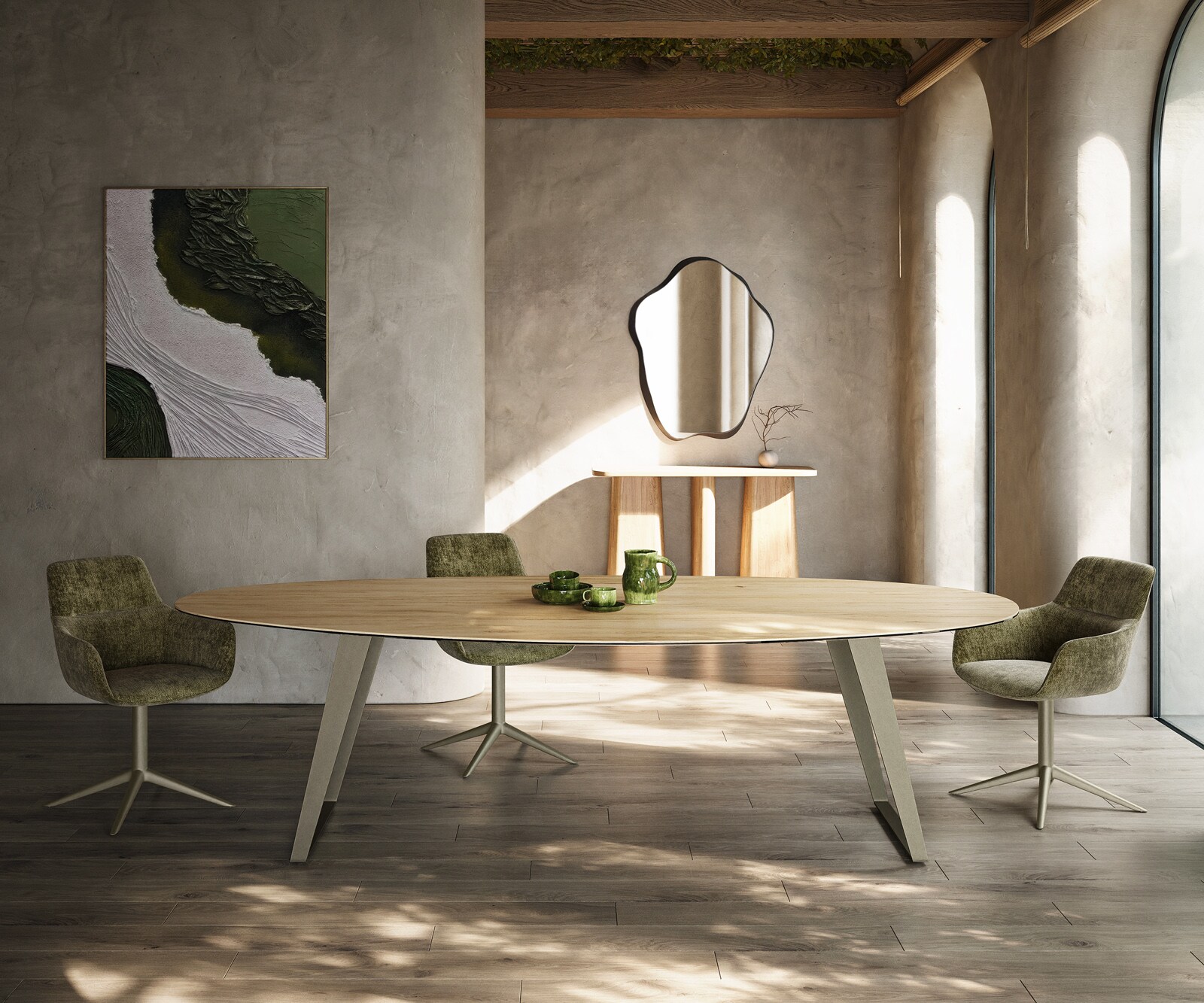 Table à manger Edge Oval 280x130 cm Céramique Laminam® Sabbia couleur chêne Métal Oblique Finition effet Titan 2