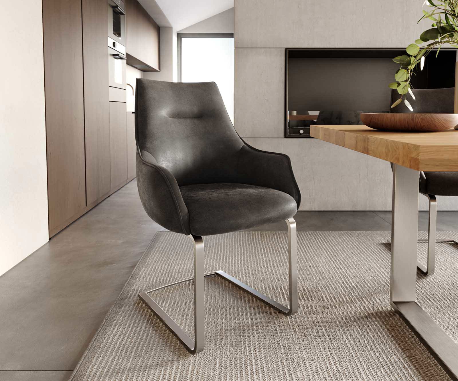 Cantilever Alja-Flex avec accoudoirs microvelours anthracite vintage pied cantilever plat acier inoxydable brossé ressorts ensachés